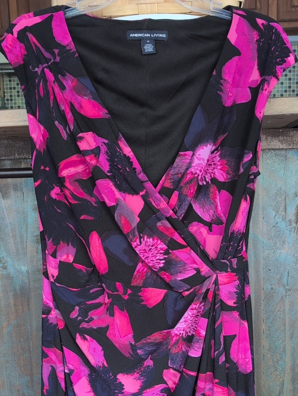 American Living Pink Purple Black Floral Faux Wrap V-Neck Dress - Women's 12 - Picture 2 of 6